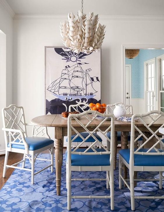 Chippendale Chair White Bamboo Fretwork Blue Seat Pads