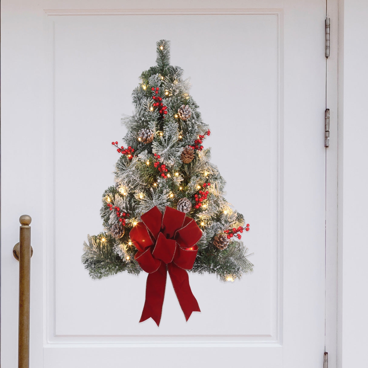 Christmas Wall Tree Red Bow and Frosted Flocked Finish