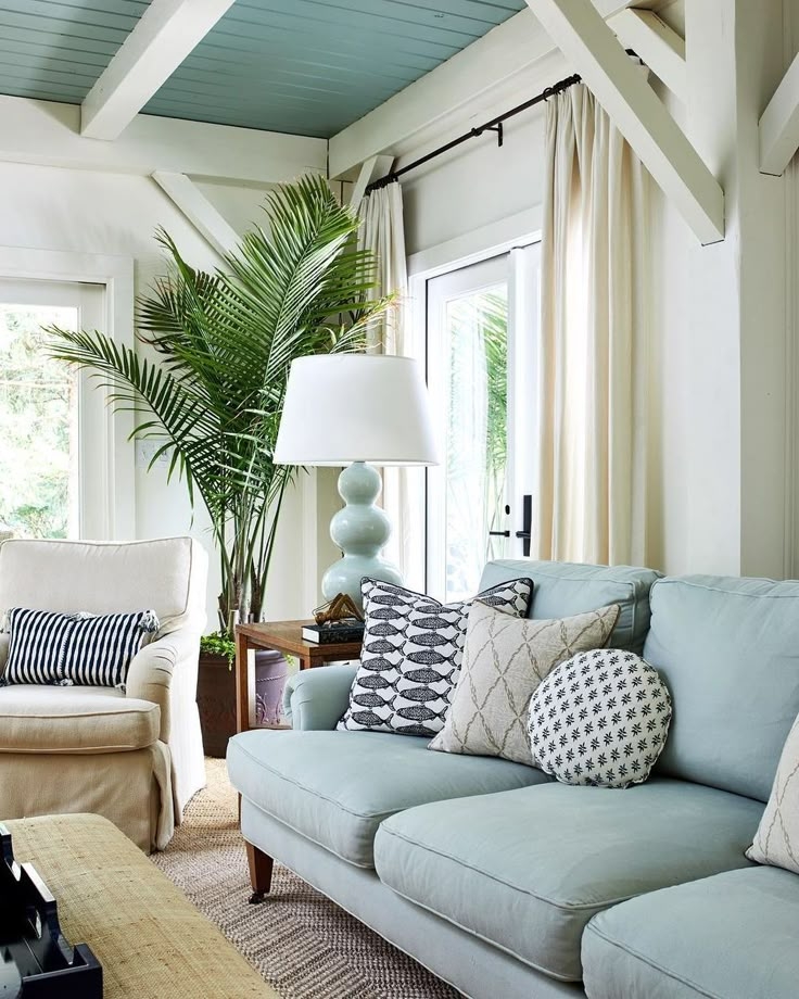Coastal Sofa Pale Blue Track Arms Nautical Pillow Decor