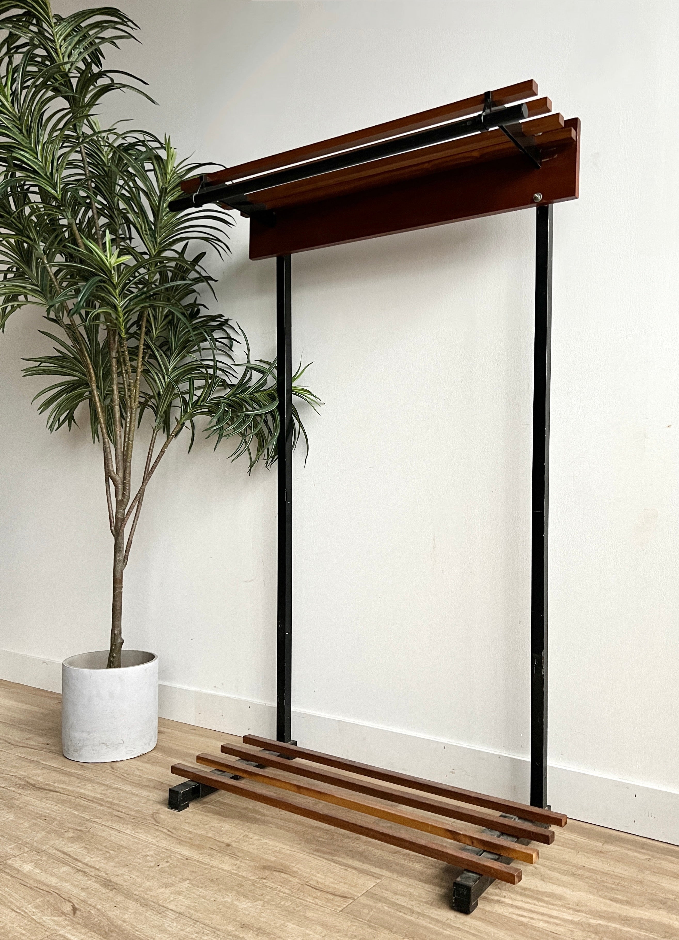 Coat Rack having Slatted Wood Shelves and Industrial Organizer