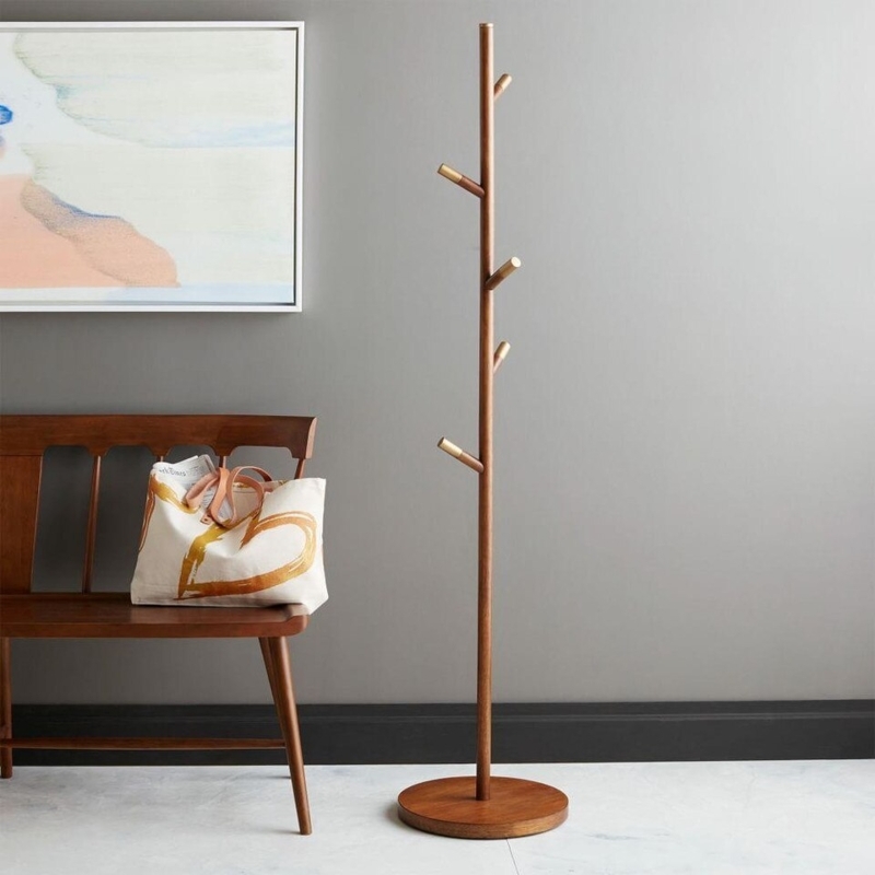 Coat Rack Metallic Caps Staggered Pegs Gold Wood