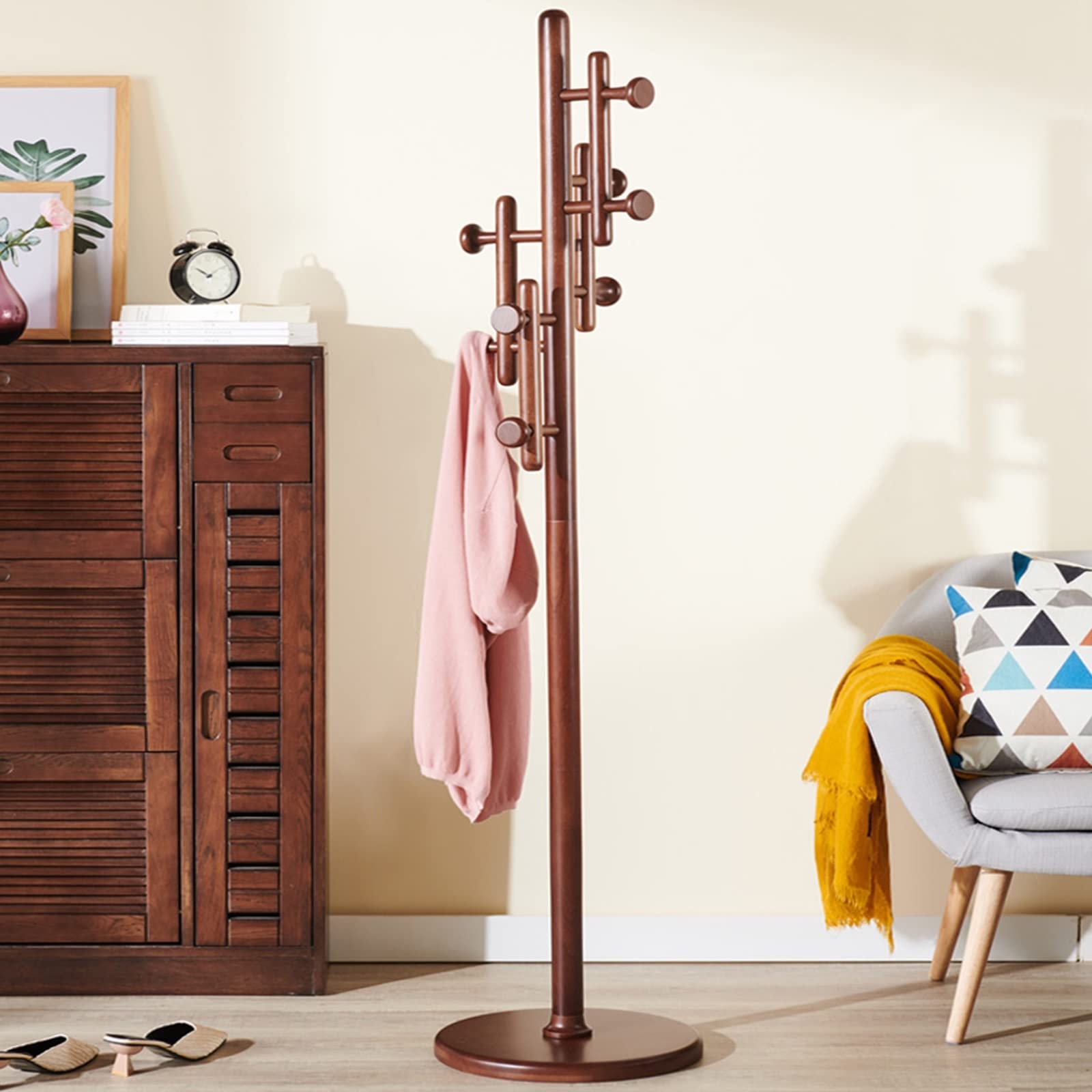 Coat Rack Reddish Brown Finish Staggered Pegs Tree