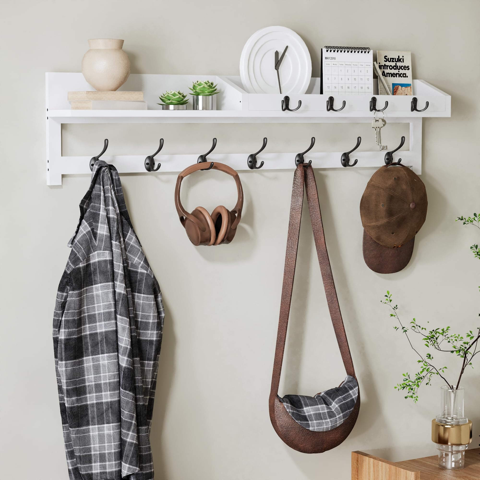 Coat Rack with Integrated Shelf and 35 Inch White Entryway Organizer