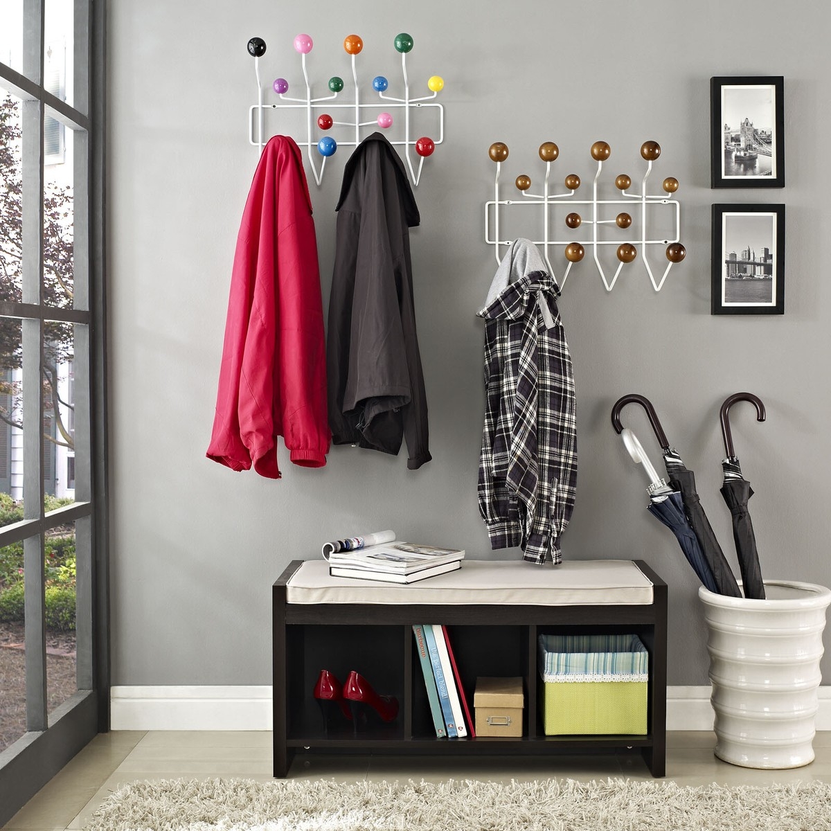 Coat Rack with Multi-Tier Ball End Hangers and Wall Storage