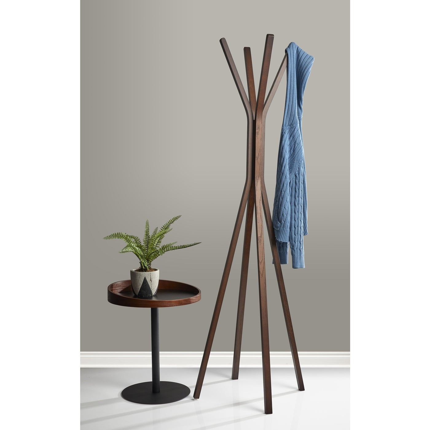 Coat Rack with Walnut Branching Arms and Wood Coat Stand