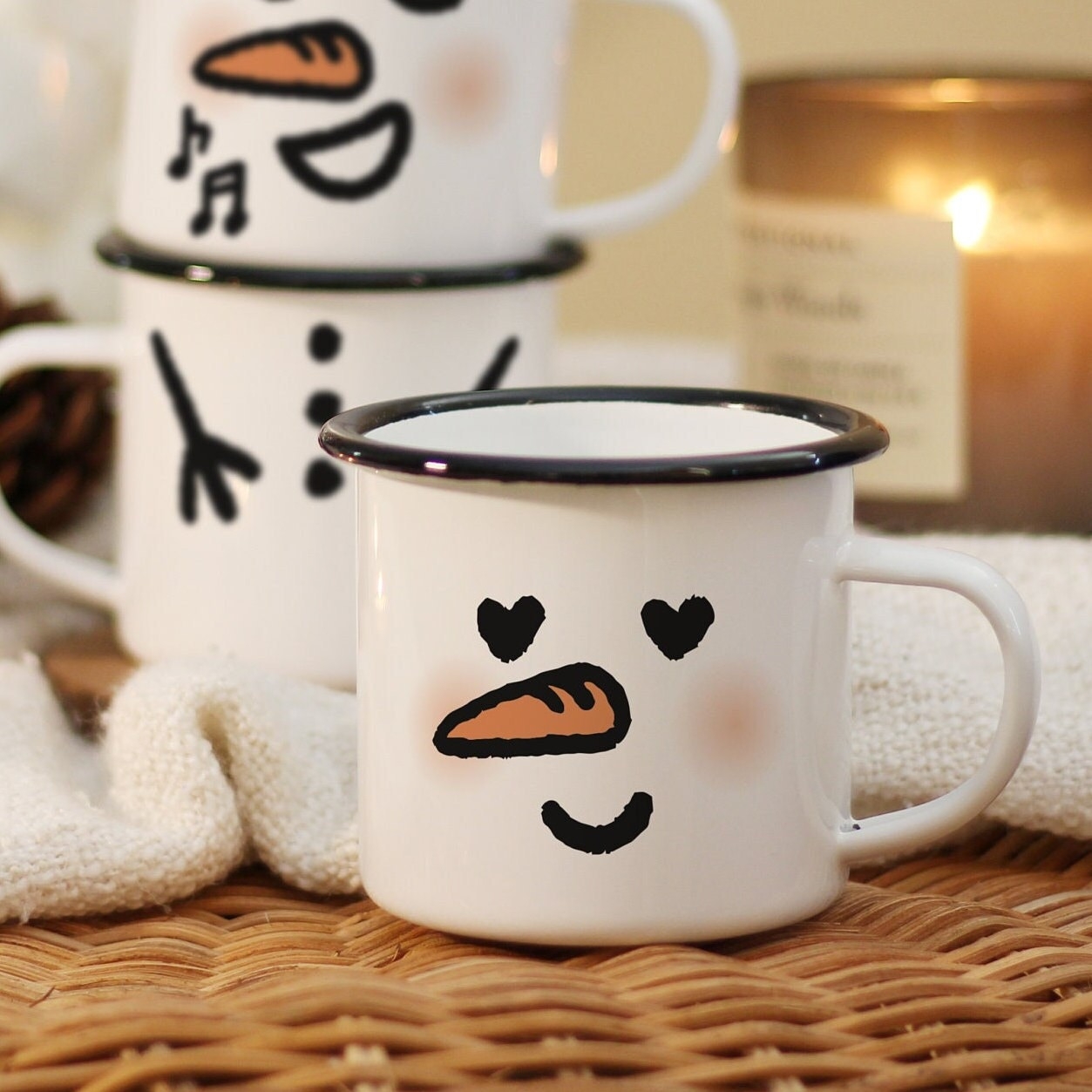 Cocoa Mug: Heart Eye Snowman Country Enamel Style Winter Drinkware