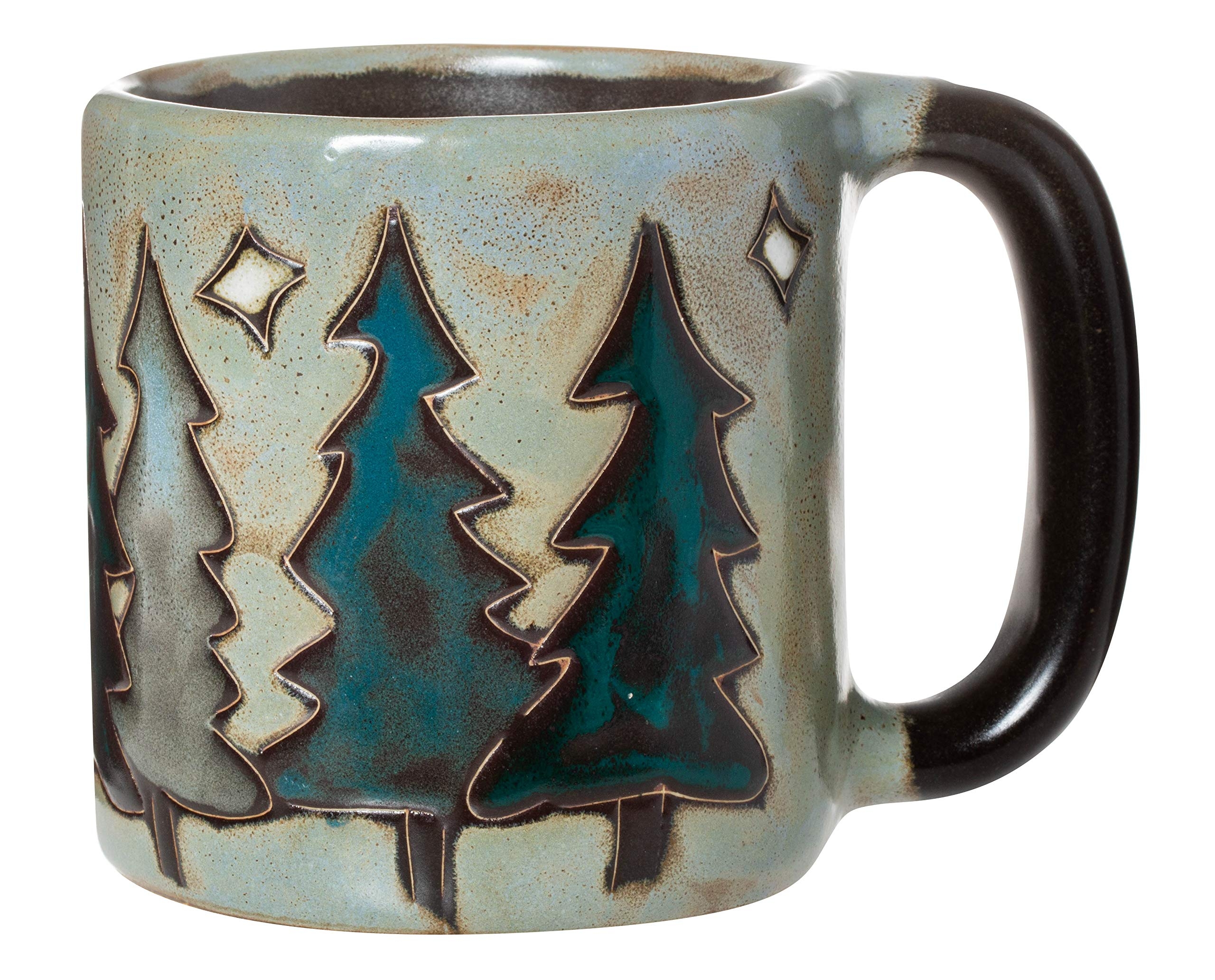 Coffee Mug in Speckled Teal Stoneware with Recessed Tree Detailing