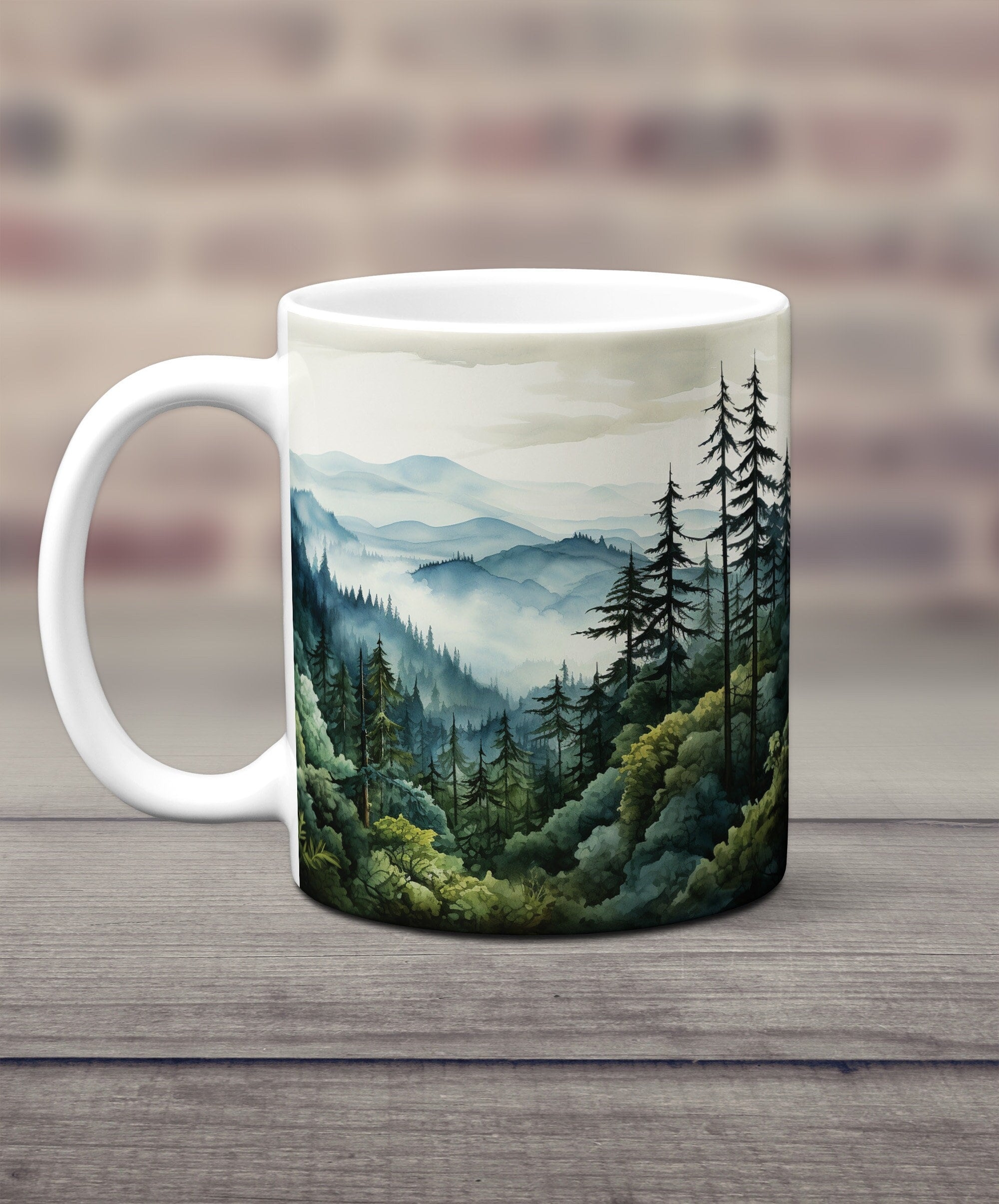 Coffee Mug with Watercolor Forest Art and Misty Mountain Illustration