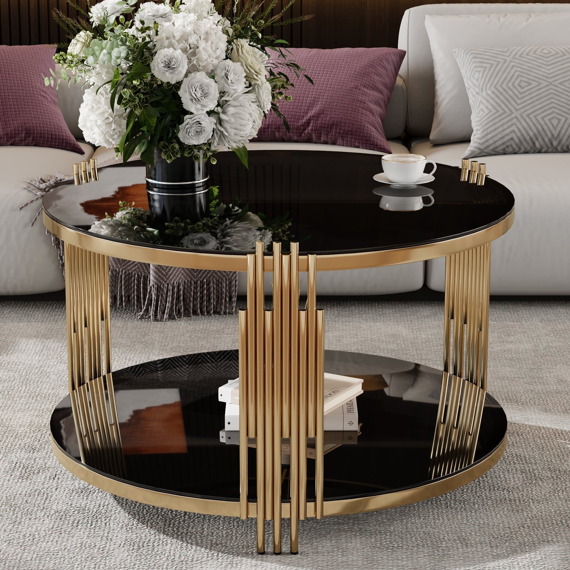 Coffee Table Asymmetrical Gold Bars Black Mirror Surface