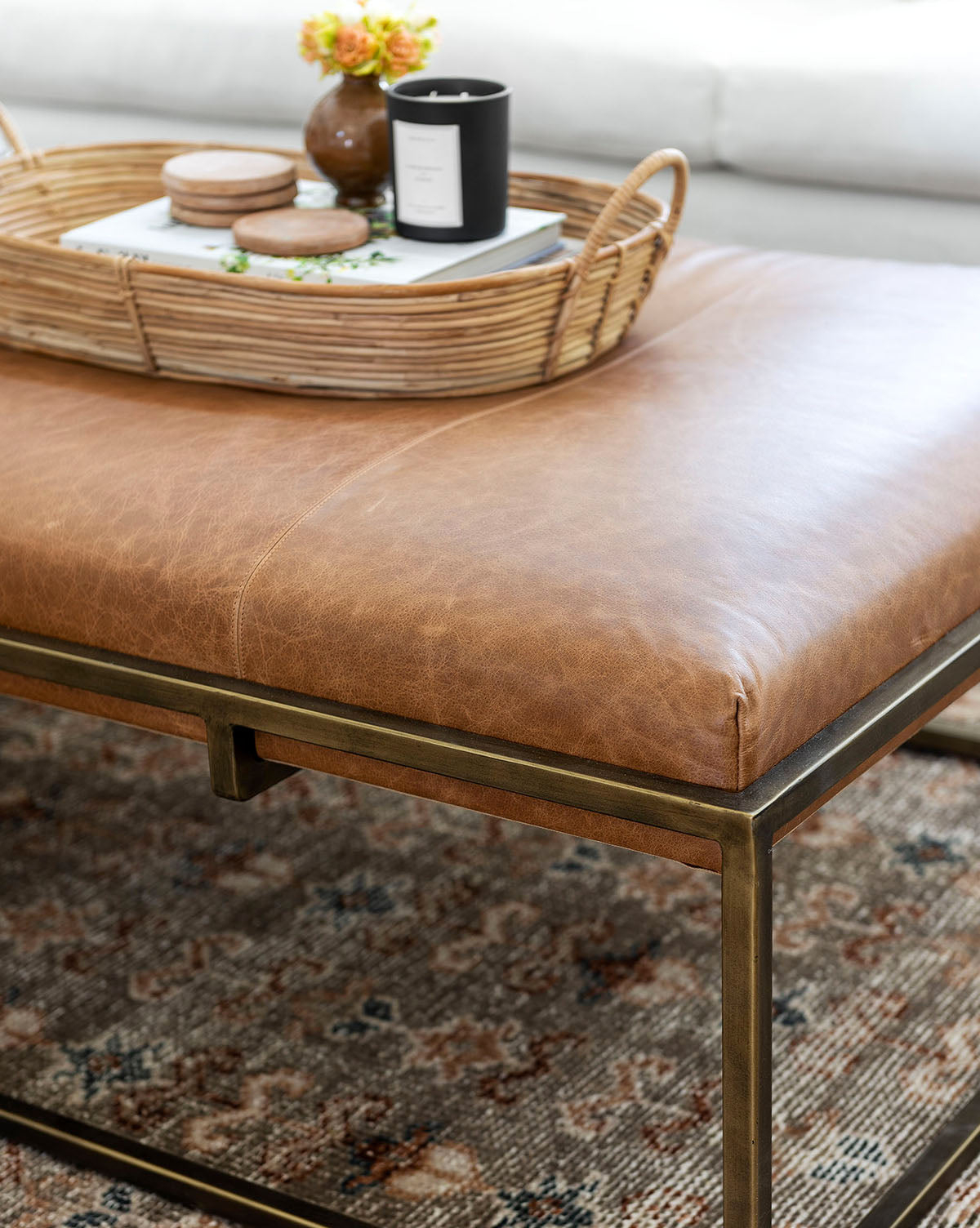 Coffee Table Cognac Leather Antique Brass Cocktail Table