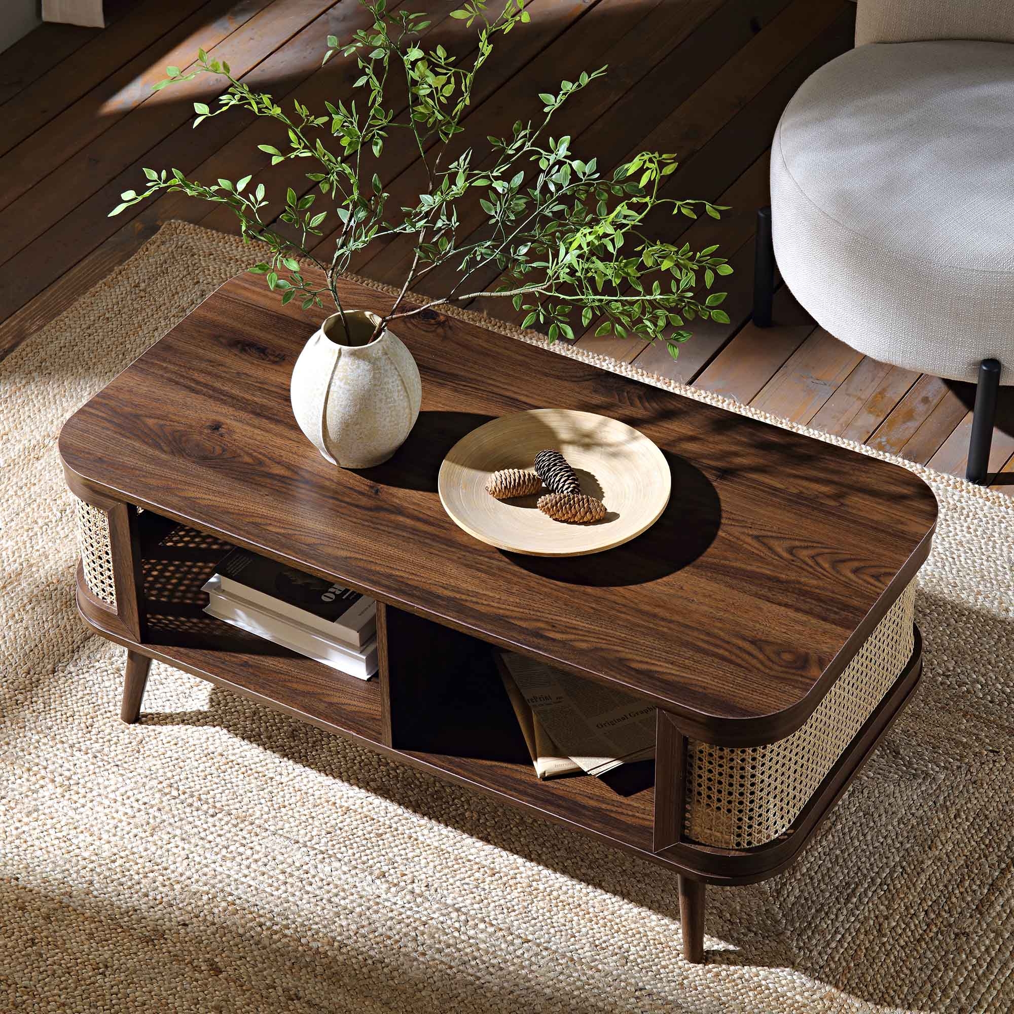 Coffee Table featuring Rattan Panels and Curved Walnut Frame