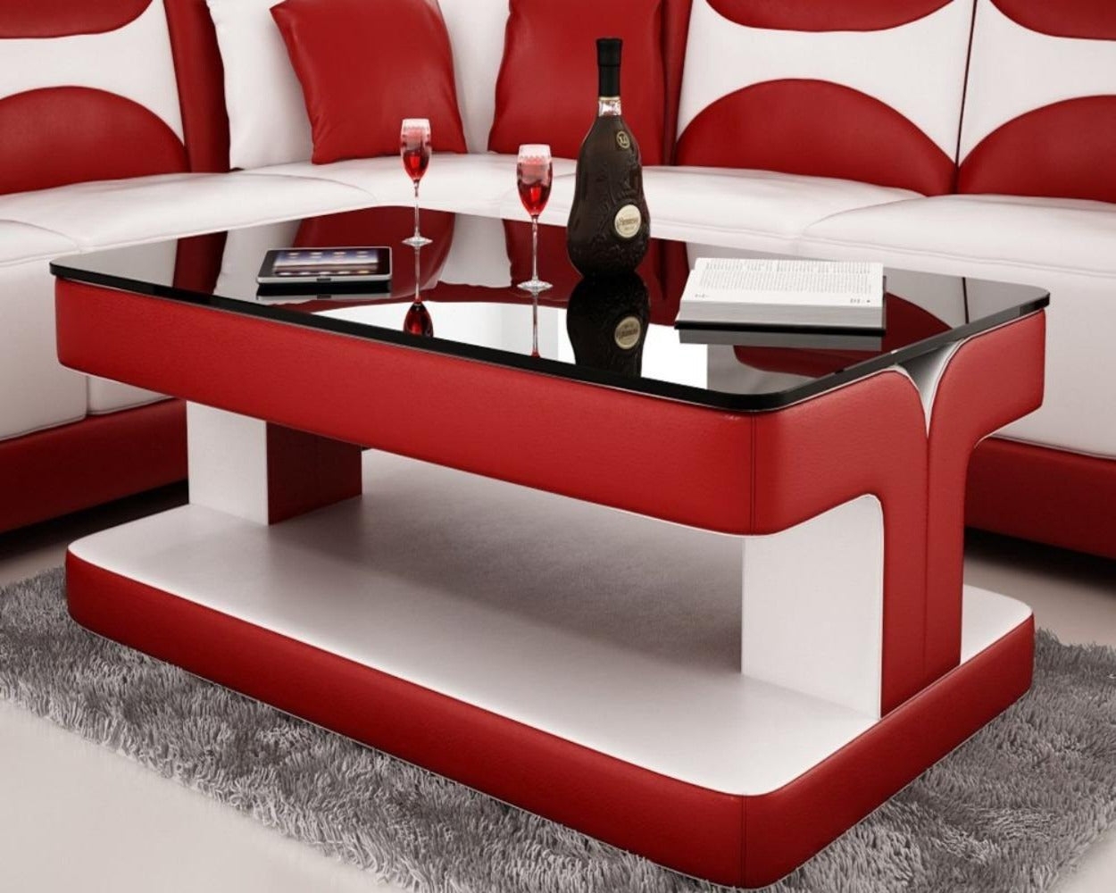 Coffee Table featuring Tiered Red and White Upholstery