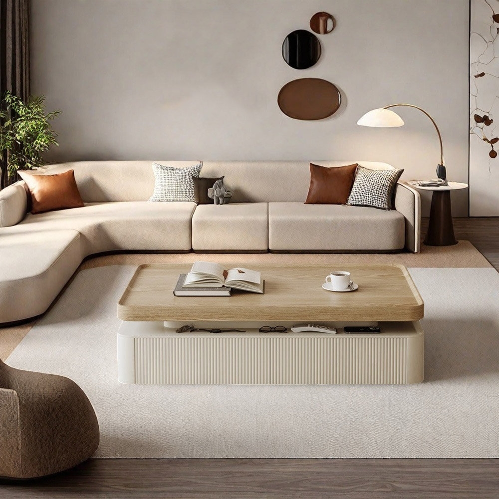 Coffee Table: Fluted Base Two Tier Ribbed Wood Table
