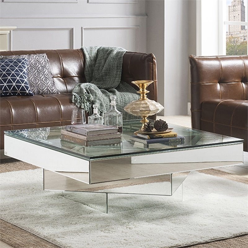 Coffee Table Geometric Mirrored Base Square Glass Surface