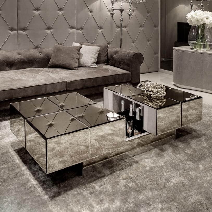 Coffee Table Hidden Bar Compartment Sliding Mirror
