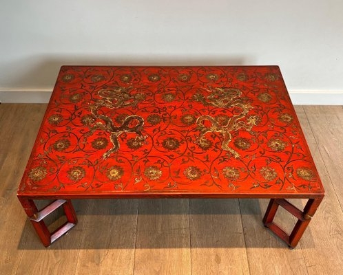 Coffee Table in Cinnabar Red with Golden Dragon Motif