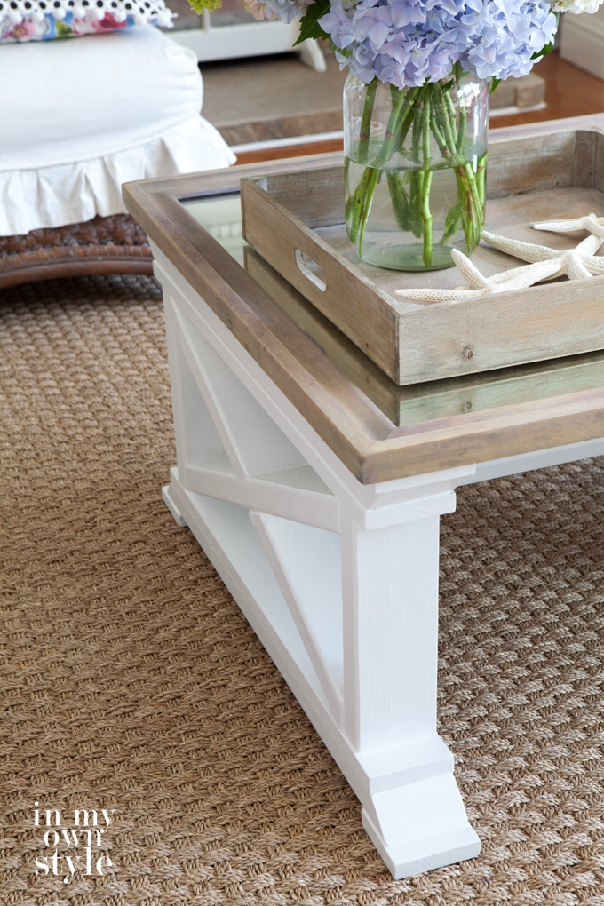 Coffee Table Inset Mirror Top White X-Brace Wood Design