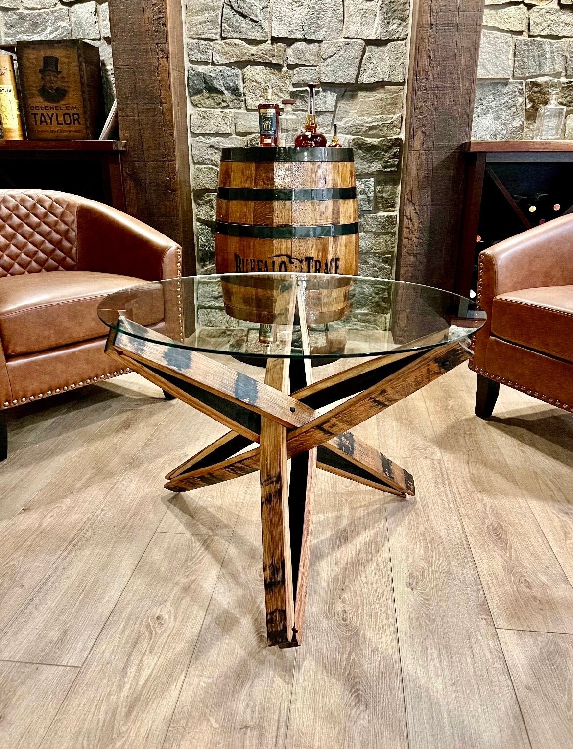 Coffee Table Interlocking Staves Whiskey Barrel Wood