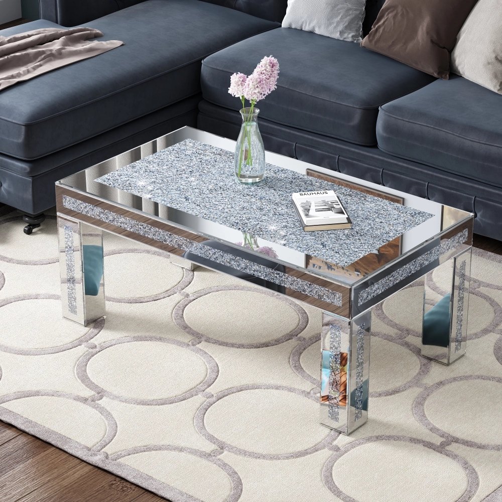 Coffee Table Mirrored Legs Textured Glass Center Table