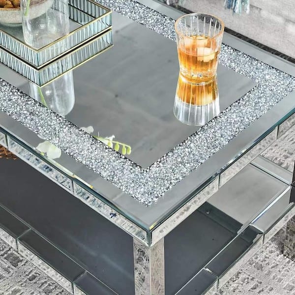 Coffee Table Mirrored Tiered Crystal Border Silver