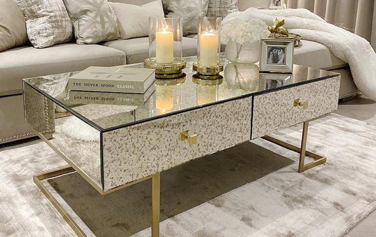 Coffee Table Mottled Drawer Fronts Gold Sled Base