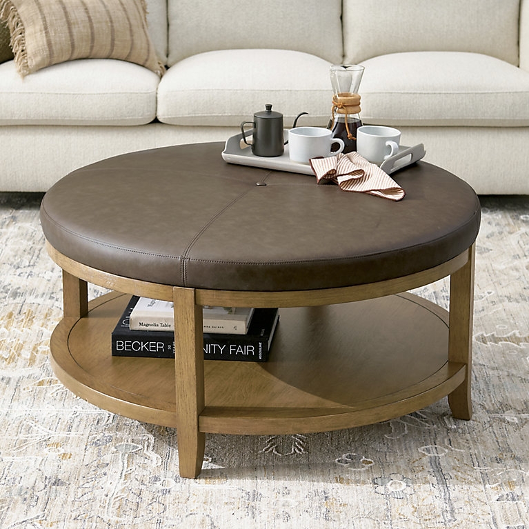 Coffee Table Ottoman with Quadrant Stitched Top and Wood Frame