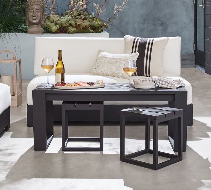 Coffee Table Set featuring Matte Black Slatted Top Stools
