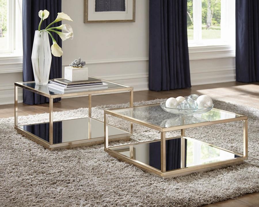 Coffee Table Set Rose Brass Mirrored Bottom Shelf