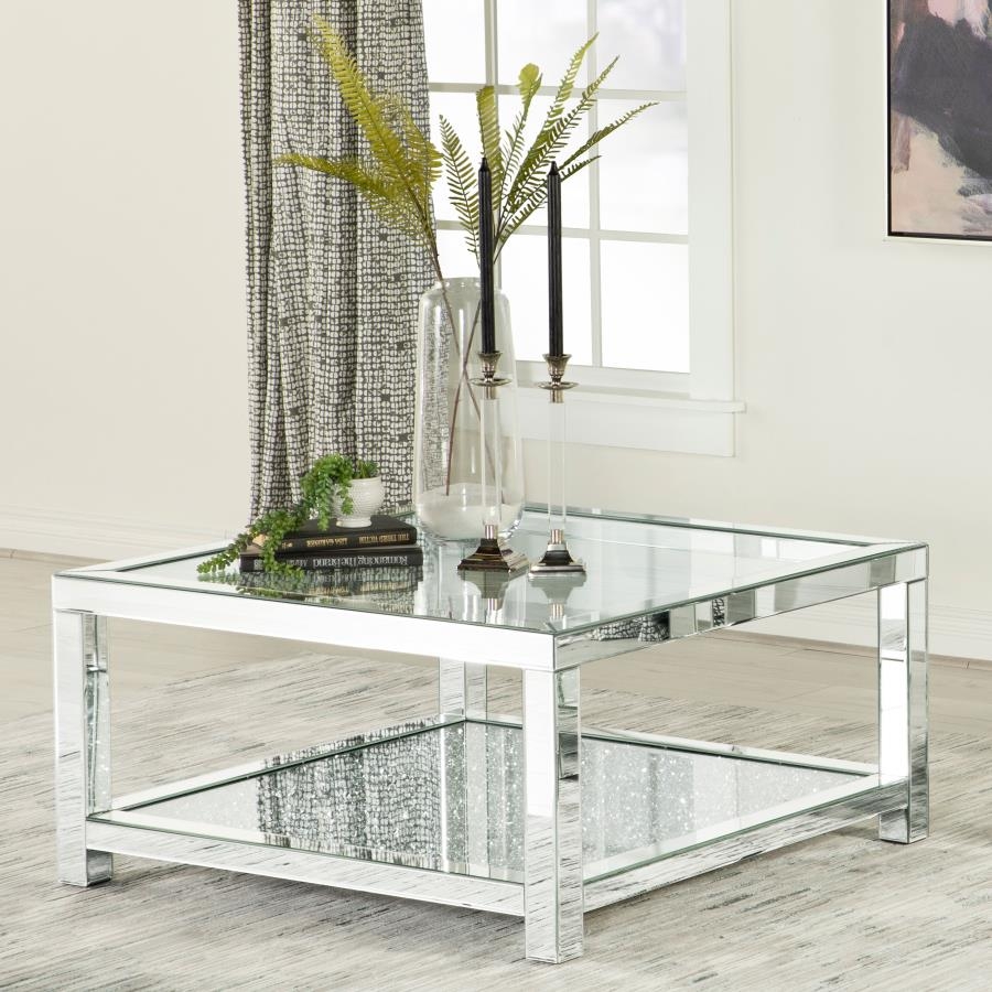Coffee Table Two Tier Square Mirror Frame Glass Top