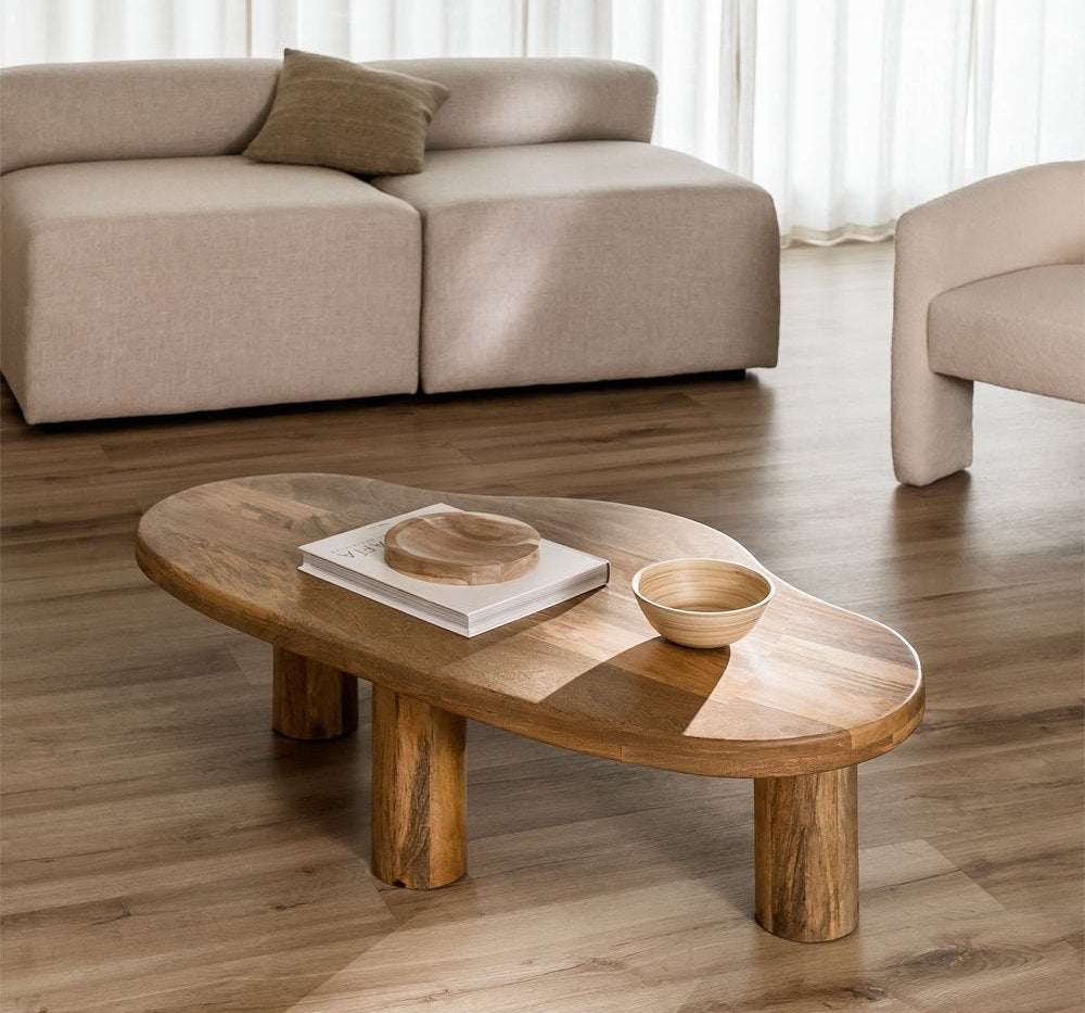 Coffee Table with Asymmetrical Organic Shape and Chunky Legs