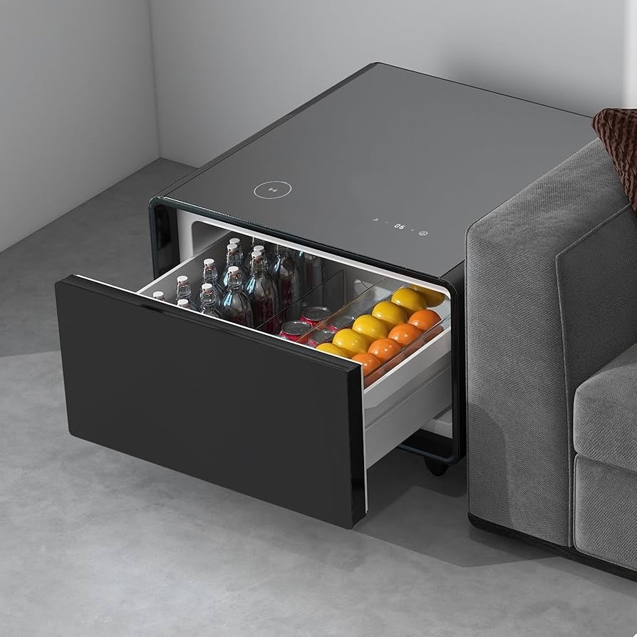 Coffee Table with Black Glass Top and Modern Refrigerator Drawer