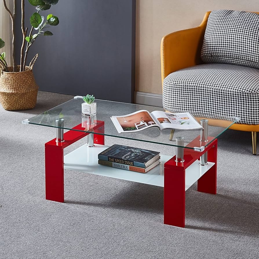 Coffee Table with Bold Red Legs and Two Tier Glass Top