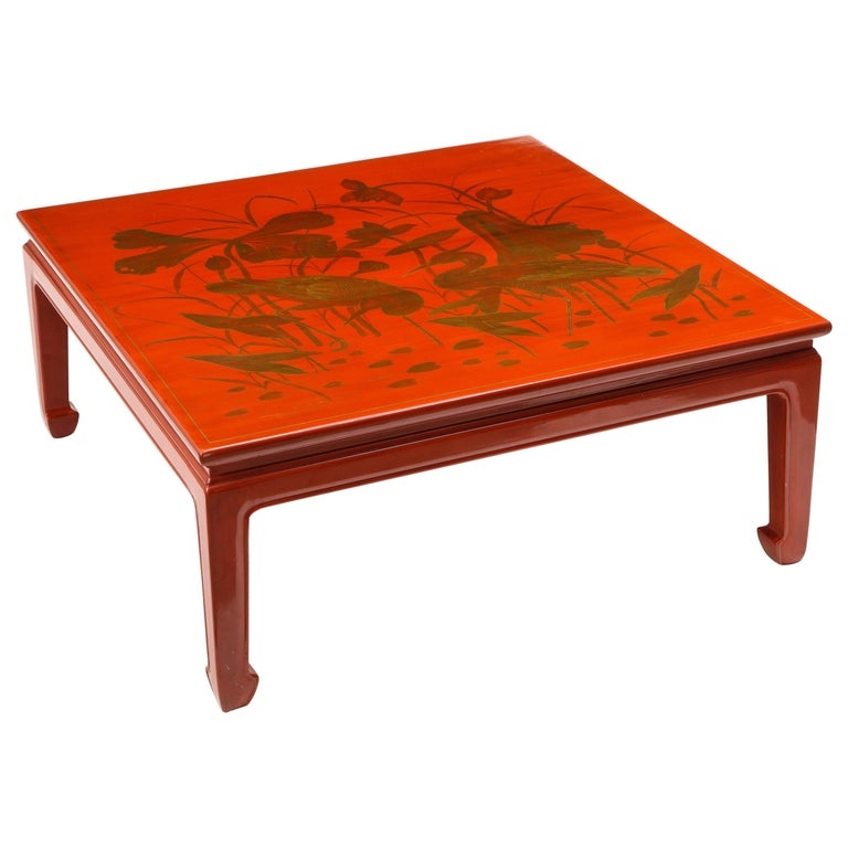 Coffee Table with Chow Legs and Gilt Bird Illustrations