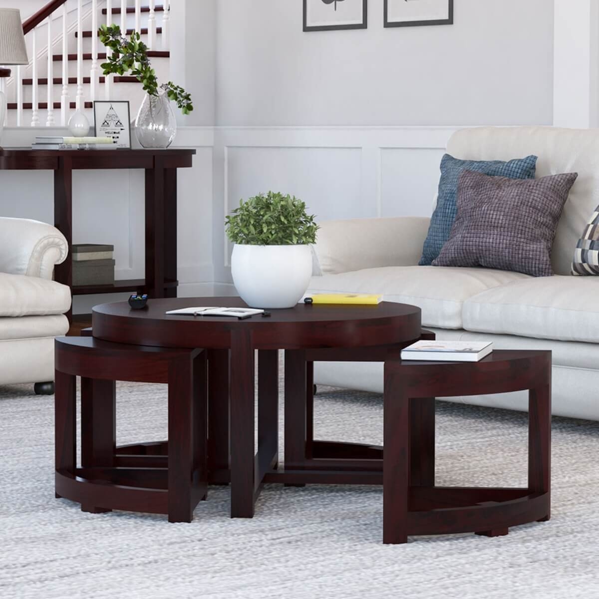 Coffee Table with Dark Wood-Toned Circular Nested Stools