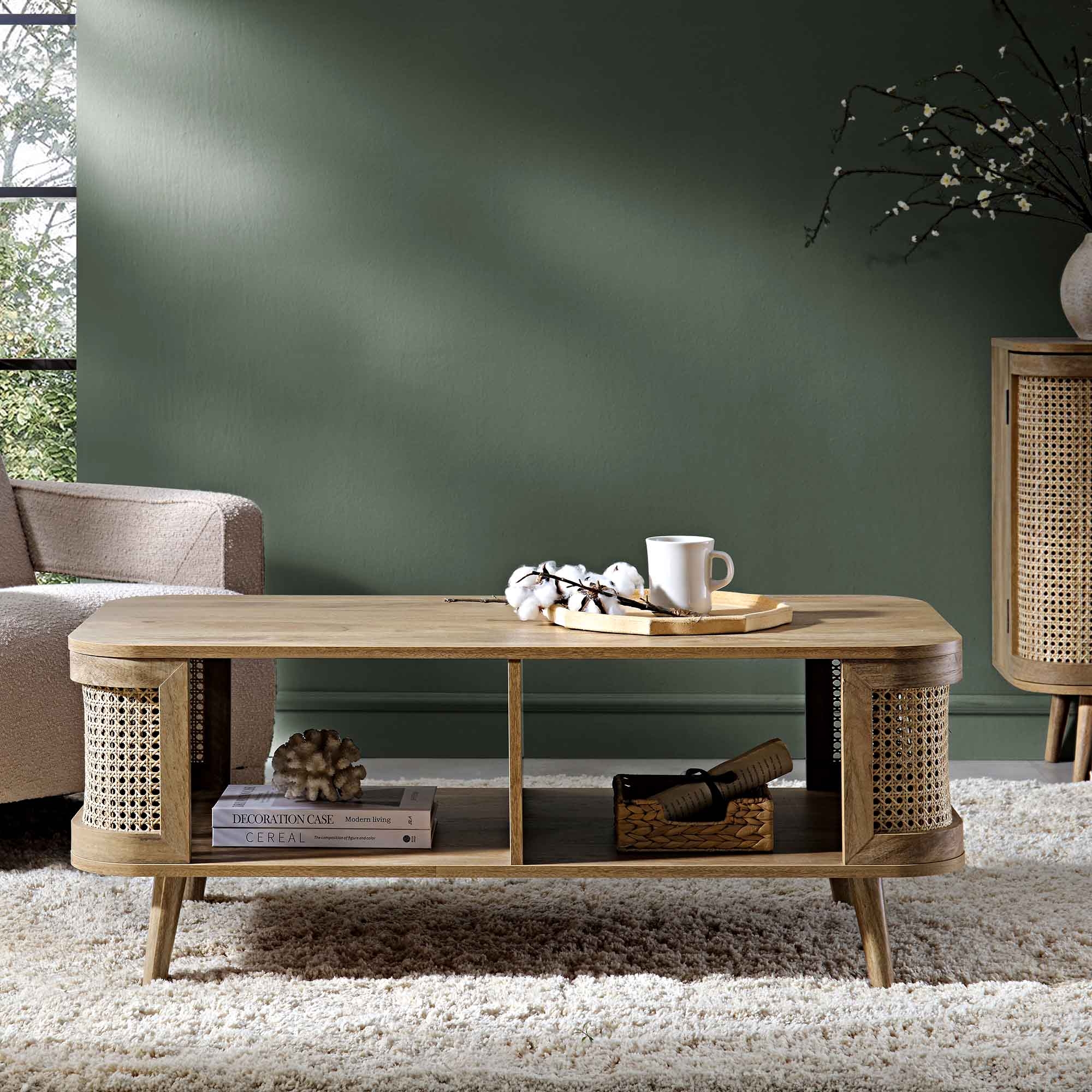 Coffee Table with Dual Tiers and Curved Rattan Sides
