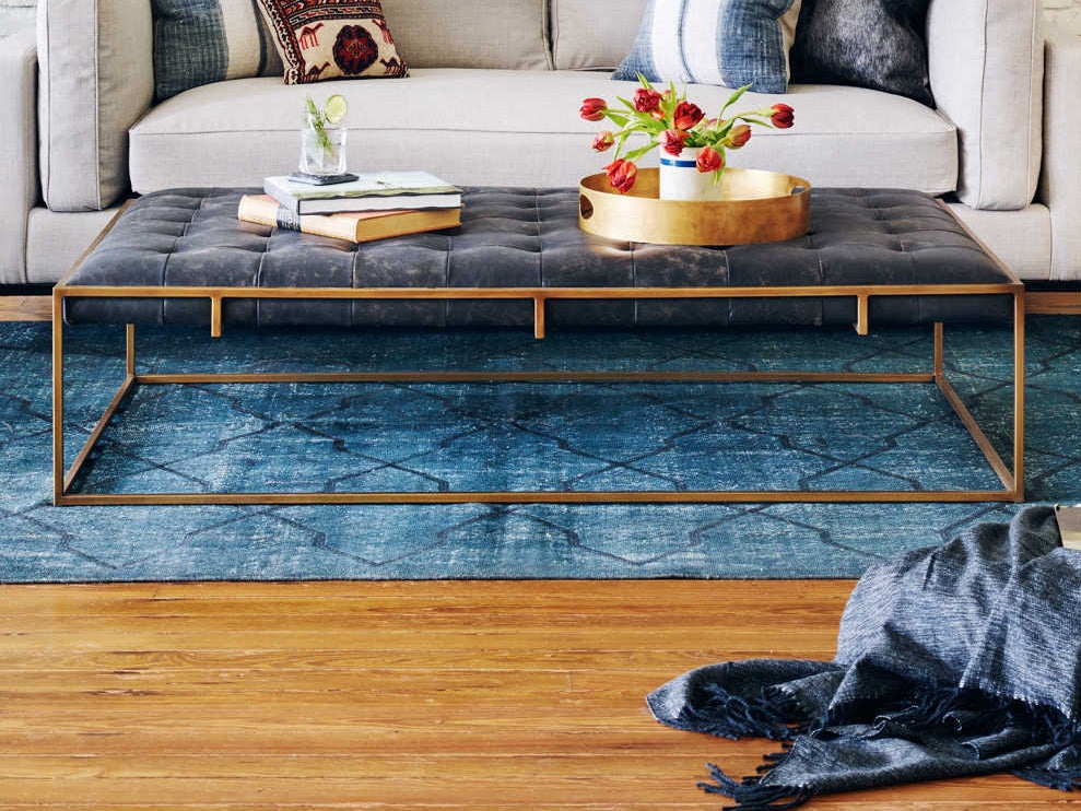 Coffee Table with Gold Open Frame and Biscuit Tufted Leather Top