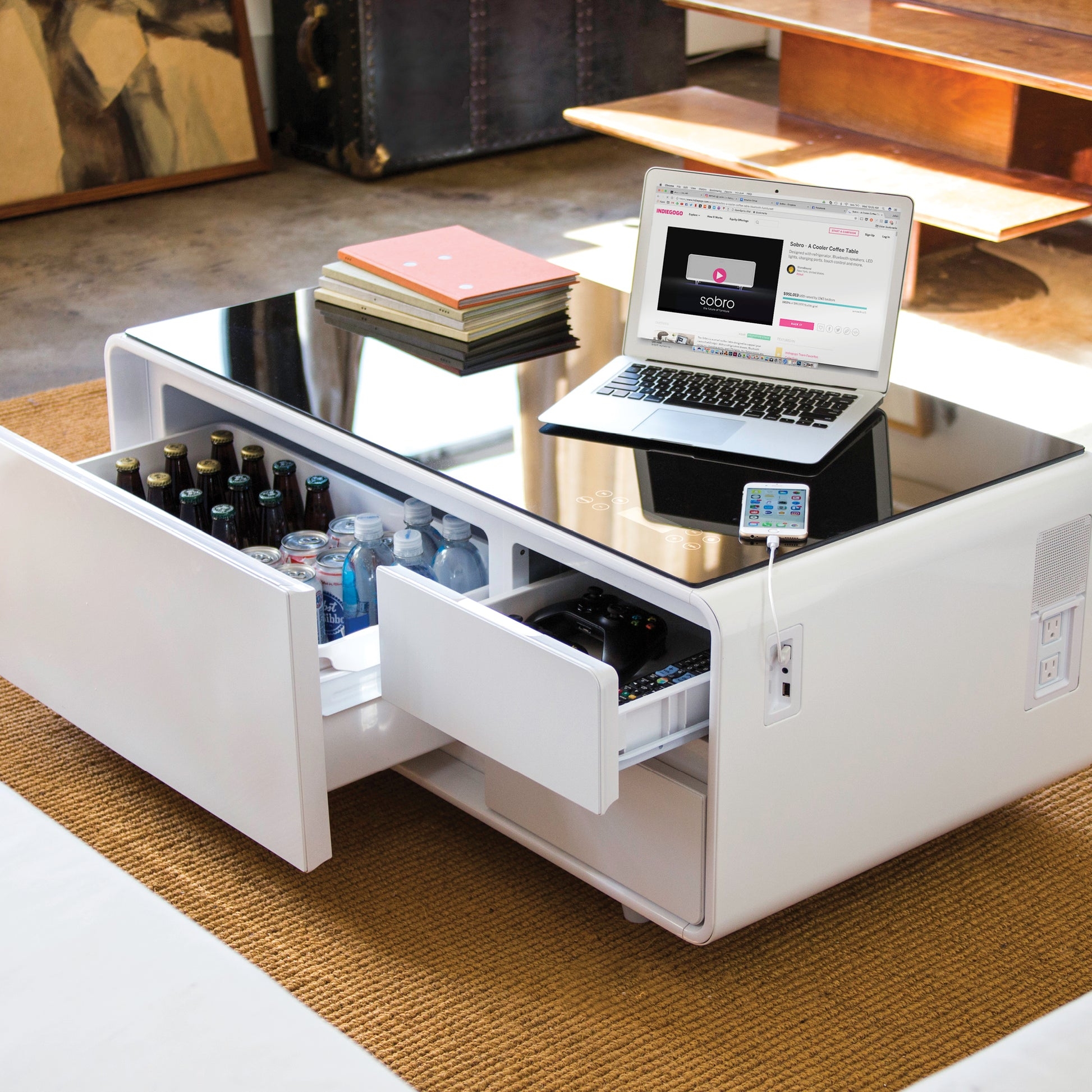 Coffee Table with Integrated Speakers and Arctic White Smart Fridge