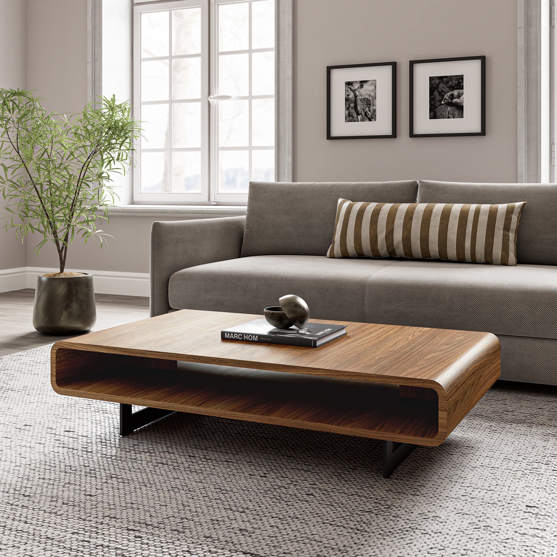 Coffee Table with Rounded Edges and Walnut Wood Grain Finish