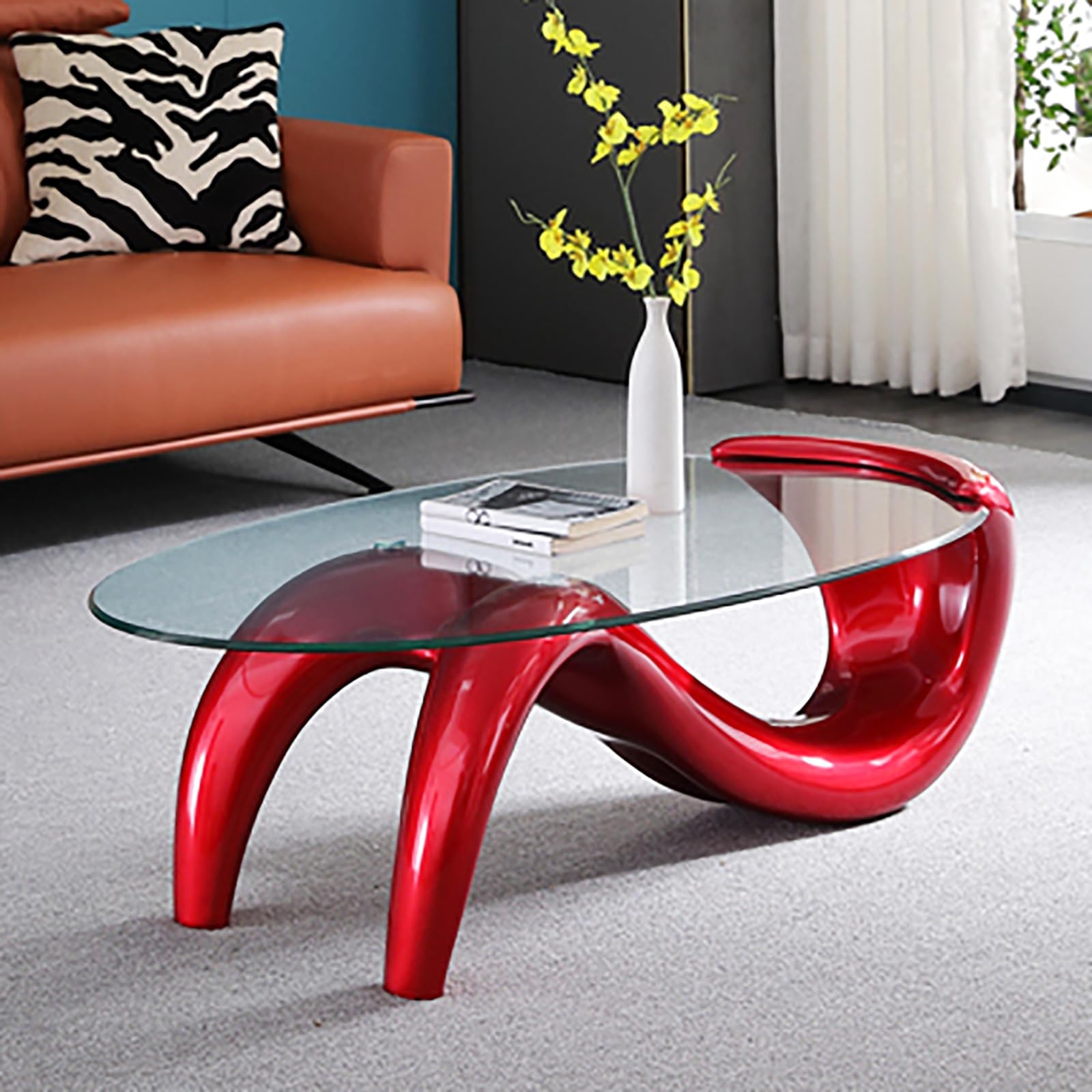 Coffee Table with Sculptural Wine Red Base and Glass Top