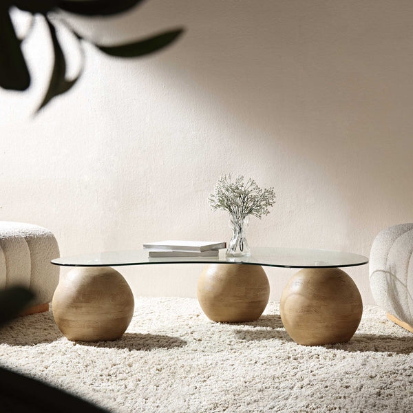 Coffee Table with Spherical Base and Kidney Shaped Glass Top