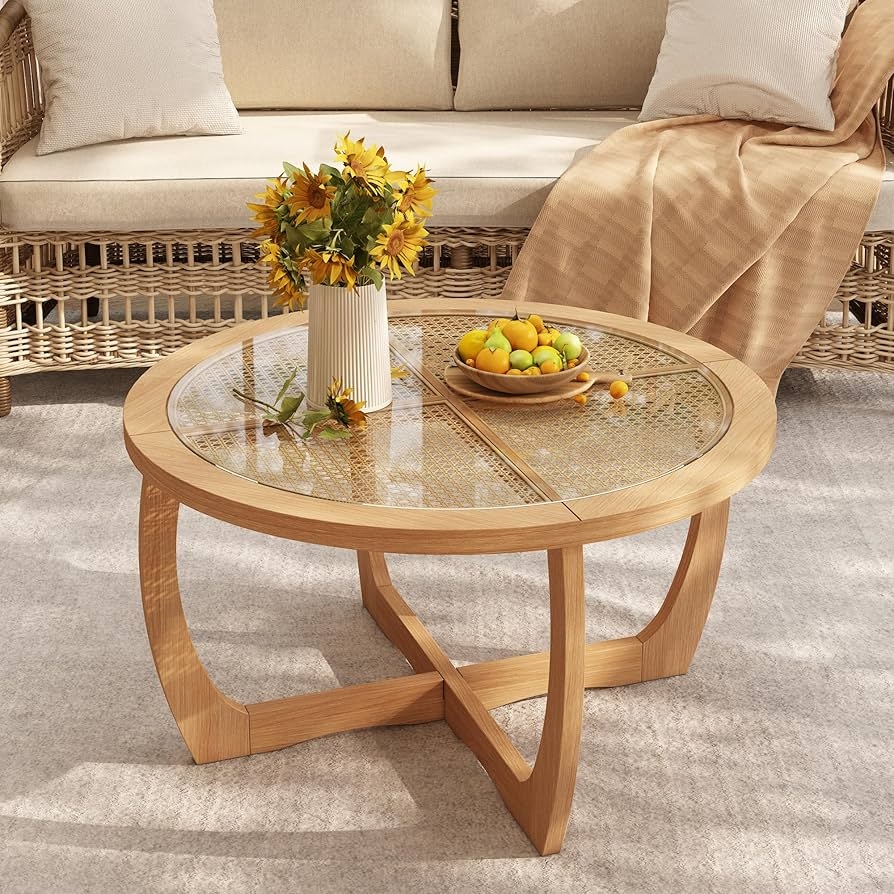 Coffee Table with Three Curved Legs and Rattan Glass Top