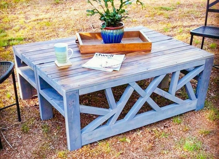 Coffee Table X-Brace Side Modular Dusty Blue Garden Table