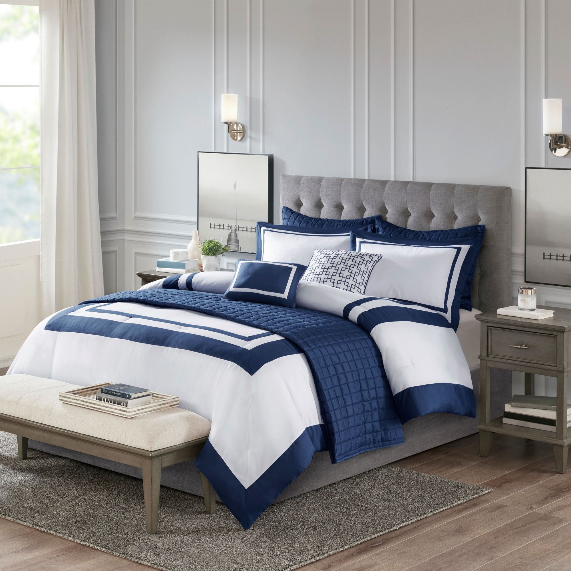 Comforter Set: Dark Block Border Tufted Grey Headboard