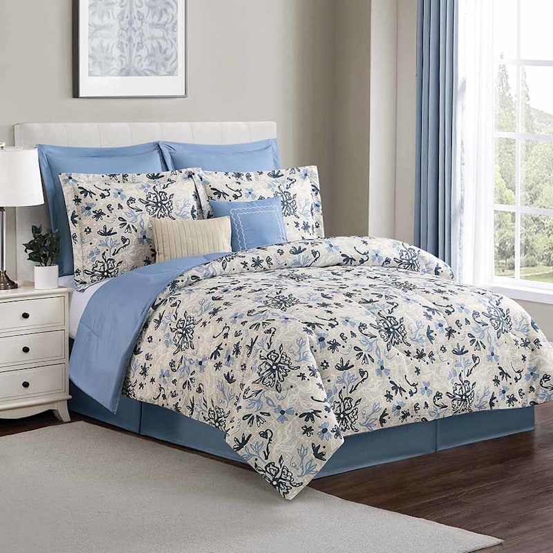 Comforter Set: Dusty Blue Accents 8 Piece Botanical Bed