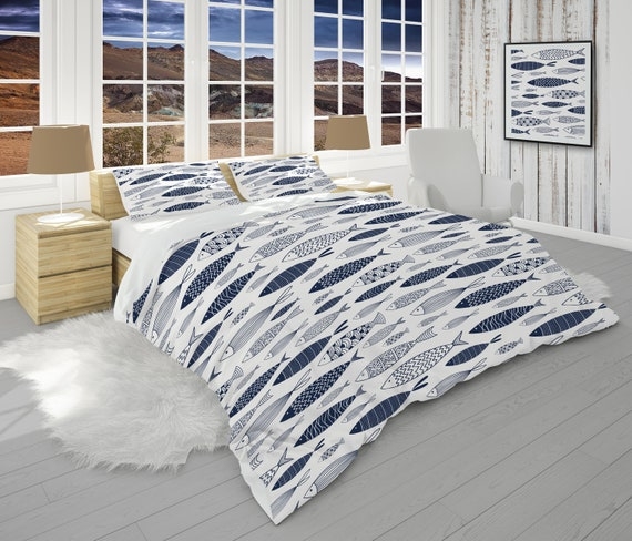 Comforter Set: Hand Drawn Fish Pattern Nautical Home Decor