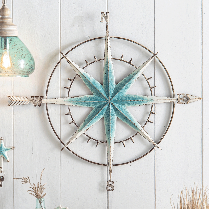 Compass Wall Art: Teal Distressed Star Nautical Shiplap Decor