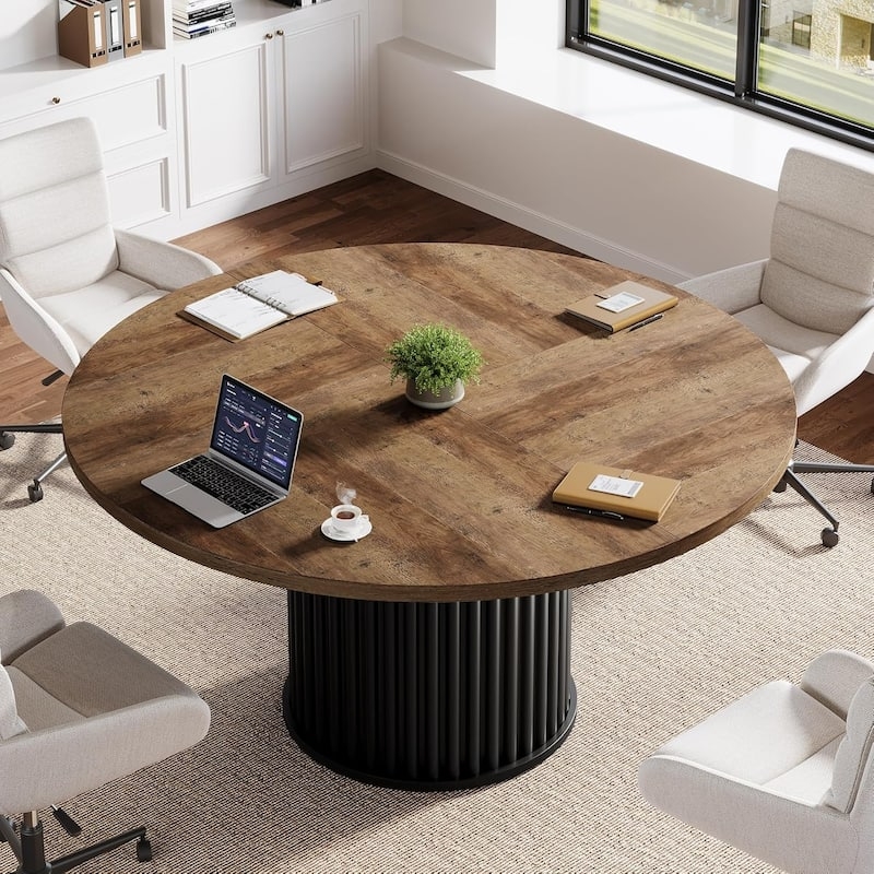 Conference Table Rustic Brown Round Fluted Conference Table