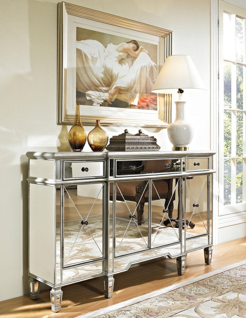 Console Cabinet: Metallic 60 Inch X-Fretwork Sideboard