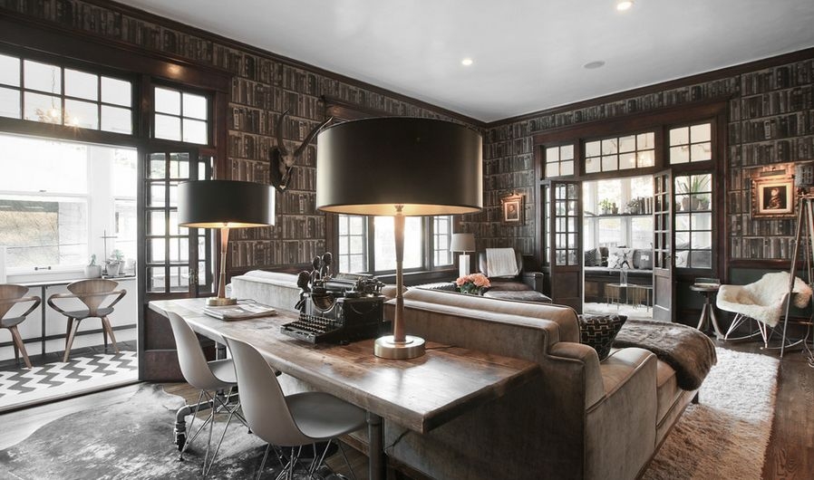 Console Desk: Book Motif Wallpaper Behind Sofa Desk Ideas