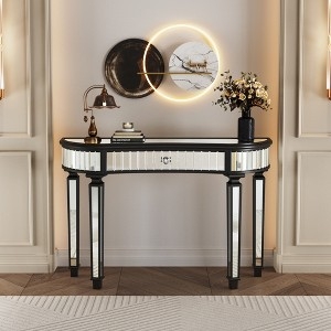 Console Table: Black Fluted Glass Apron Mirrored Inlays Desk